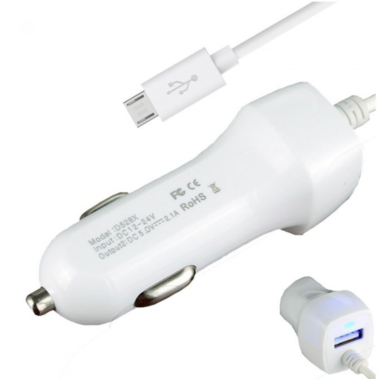 Зарядно устройство D528X, от автомобилна запалка към USB (ж) / Micro USB (м), 12V / 2.1A, бяло Зарядно устройство D528X, от автомобилна запалка към USB (ж) / Micro USB (м), 12V / 2.1A, бяло в Зарядни устройства за батерии - Noname | Alleop
